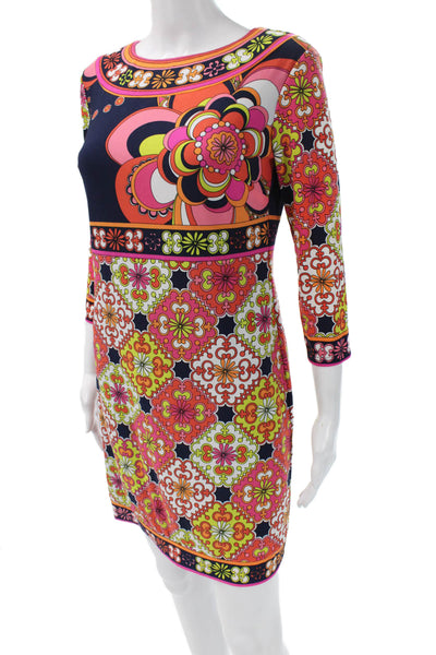 Trina Turk Womens Shift Dress Multi-Color Floral Round Neck 3/4 Sleeve Size 2