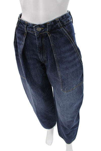 Zara Womens Paperbag Wide Leg Dark Blue Denim Jeans Button High Rise Size 2