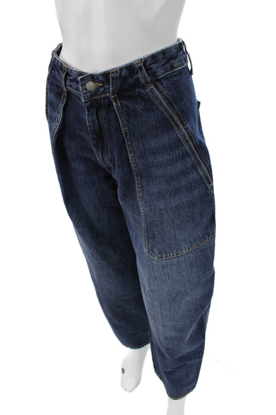 Zara Womens Paperbag Wide Leg Dark Blue Denim Jeans Button High Rise Size 2