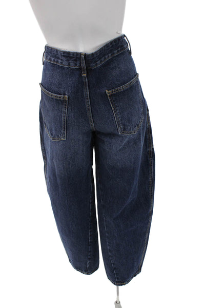Zara Womens Paperbag Wide Leg Dark Blue Denim Jeans Button High Rise Size 2