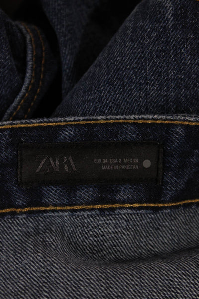 Zara Womens Paperbag Wide Leg Dark Blue Denim Jeans Button High Rise Size 2
