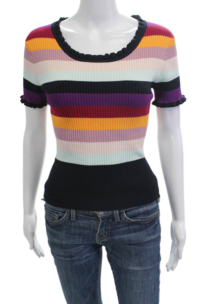Cinq à Sept Womens Black Striped Round Neck Short Sleeve T-Shirt Size L