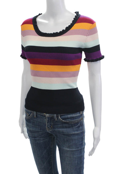Cinq à Sept Womens Black Striped Round Neck Short Sleeve T-Shirt Size L