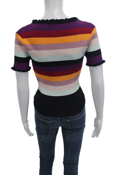Cinq à Sept Womens Black Striped Round Neck Short Sleeve T-Shirt Size L