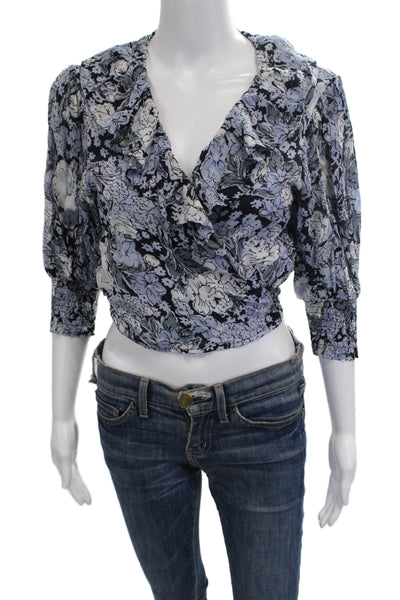 Ganni Womens Cropped Floral V Neck Black Viscose Blouse 3/4 Sleeve Tie Size S