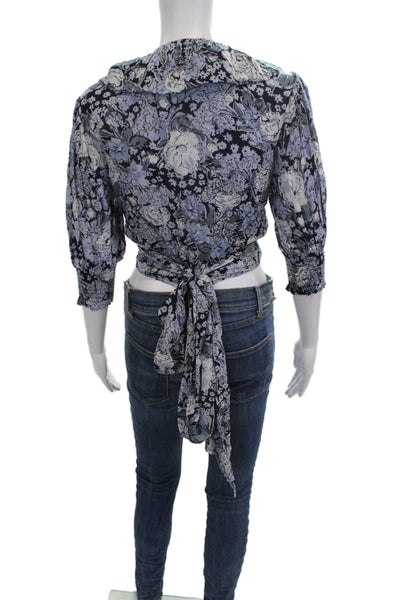 Ganni Womens Cropped Floral V Neck Black Viscose Blouse 3/4 Sleeve Tie Size S