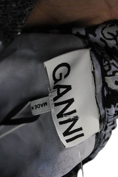 Ganni Womens Cropped Floral V Neck Black Viscose Blouse 3/4 Sleeve Tie Size S