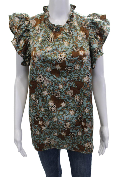 Entro Womens Tunic Blouse Blue High Neck Floral Butterfly Button Size L
