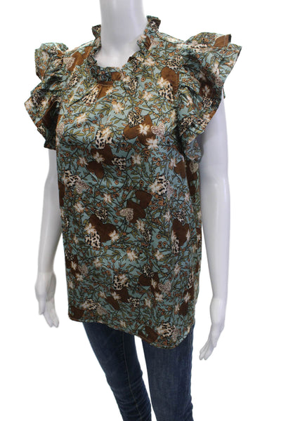 Entro Womens Tunic Blouse Blue High Neck Floral Butterfly Button Size L