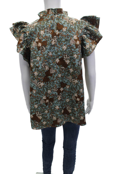Entro Womens Tunic Blouse Blue High Neck Floral Butterfly Button Size L