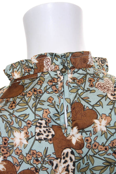 Entro Womens Tunic Blouse Blue High Neck Floral Butterfly Button Size L