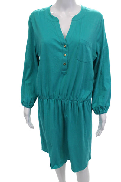 Lily Pulitzer Women Green V Neck Pima Cotton Shirt Dress Long Sleeve Size L