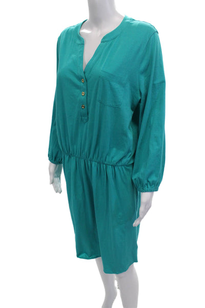 Lily Pulitzer Women Green V Neck Pima Cotton Shirt Dress Long Sleeve Size L