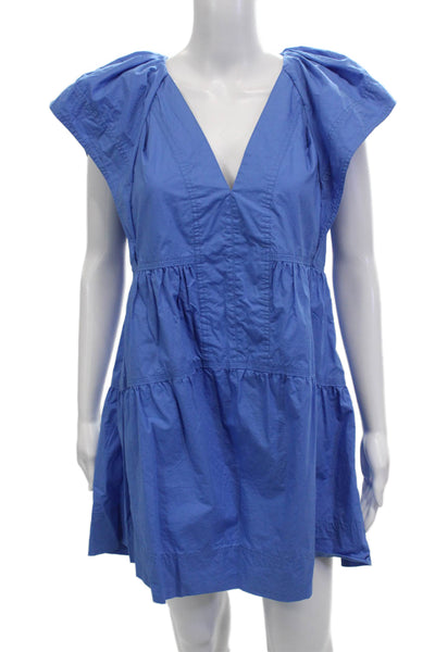 ALC Womens Trapeze Swing Dress Blue V-Neck Mini 100% Cotton Size 6