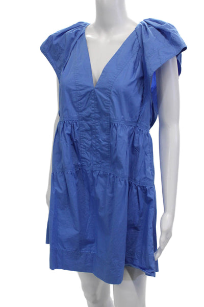 ALC Womens Trapeze Swing Dress Blue V-Neck Mini 100% Cotton Size 6