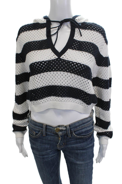 Zara Women V-Neck Striped Cotton Pullover Black Long Sleeve Size L