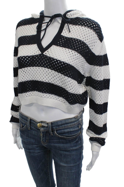 Zara Women V-Neck Striped Cotton Pullover Black Long Sleeve Size L