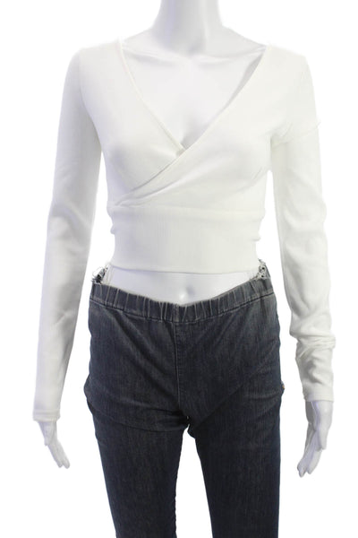 Superdown Women Cropped V Neck Long Sleeve Tie White Polyester Top Size S