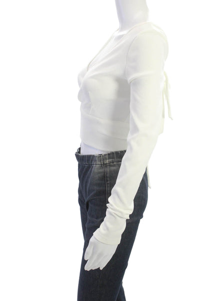 Superdown Women Cropped V Neck Long Sleeve Tie White Polyester Top Size S