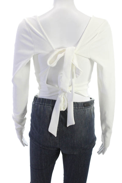 Superdown Women Cropped V Neck Long Sleeve Tie White Polyester Top Size S
