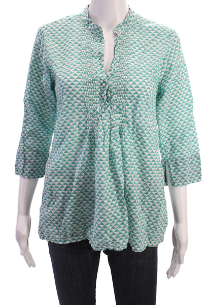 Roberta Roller Rabbit Women Tunic Green Aztec 3/4 Sleeve Cotton Size M