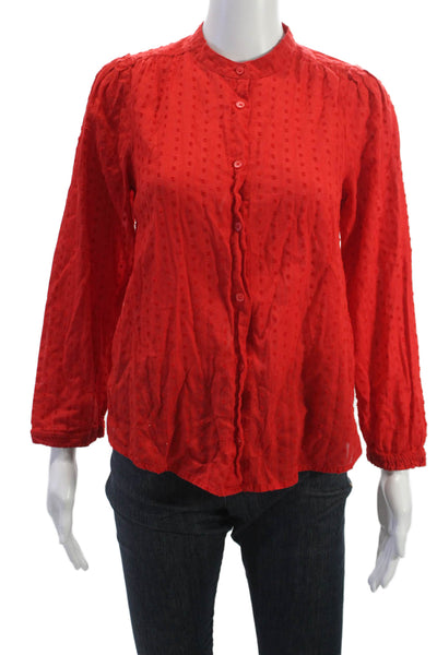 J Crew Women Red Polka Dot High Neck Button Up Blouse Long Sleeve Rayon Size XS
