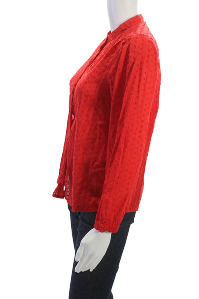 J Crew Women Red Polka Dot High Neck Button Up Blouse Long Sleeve Rayon Size XS