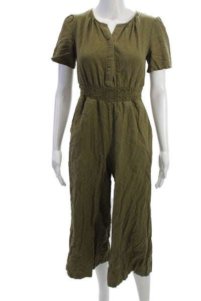 Nicole Miller Women Jumpsuit Green Short Sleeve Crew Neck Linen Blend Size XS