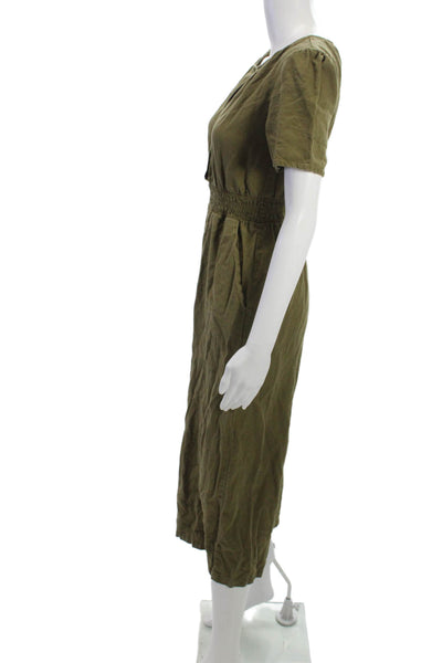 Nicole Miller Women Jumpsuit Green Short Sleeve Crew Neck Linen Blend Size XS