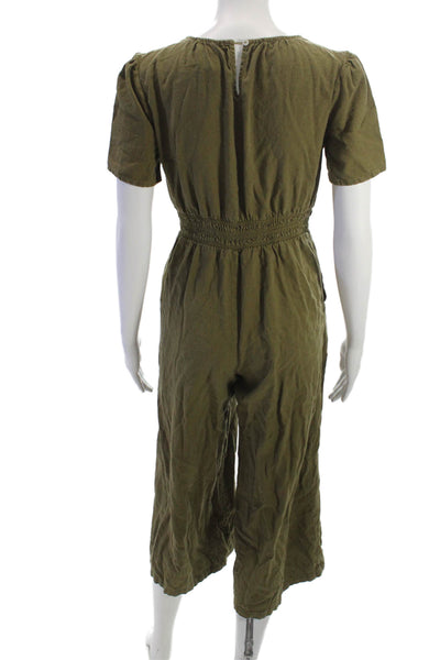Nicole Miller Women Jumpsuit Green Short Sleeve Crew Neck Linen Blend Size XS