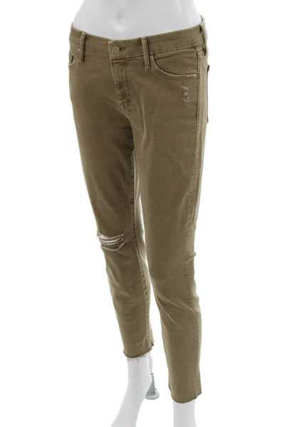 Mother Women Ankle Cropped Khakis Brown Low Rise Button Size 28