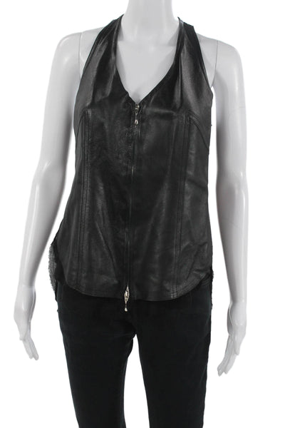 Illia Women Biker Leather Rayon V Neck Zip Sleeveless Tank Black Size 4