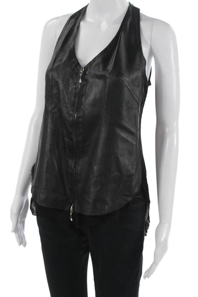 Illia Women Biker Leather Rayon V Neck Zip Sleeveless Tank Black Size 4