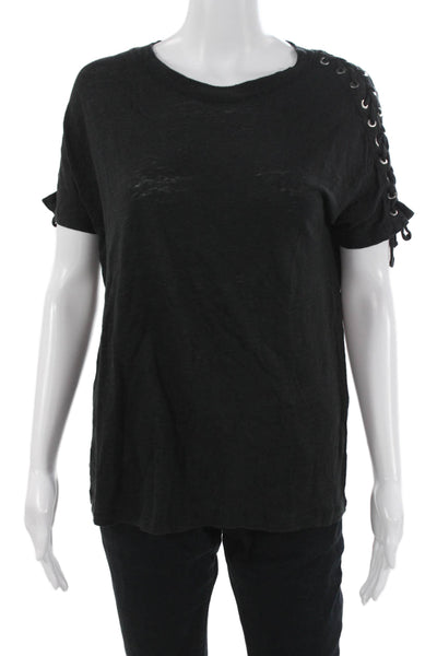IRO Women Black Linen Lace Up Crew Neck Short Sleeve T Shirt Size XS
