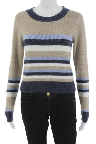 Central Park West Women Pullover Sweater Beige Striped Crew Neck Button Size S