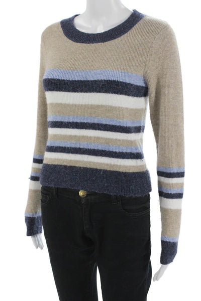 Central Park West Women Pullover Sweater Beige Striped Crew Neck Button Size S