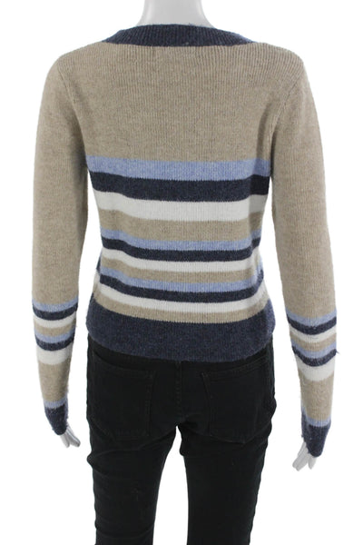Central Park West Women Pullover Sweater Beige Striped Crew Neck Button Size S