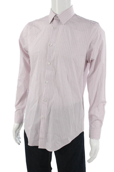 Calvin Klein Mens Cotton Collared Plaid Print Button Down Shirt Pink Size 15
