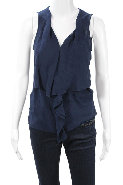 Mantu Womens Designer Dark Blue V-Neck Tank Sleeveless Solid Silk Blend Size 40