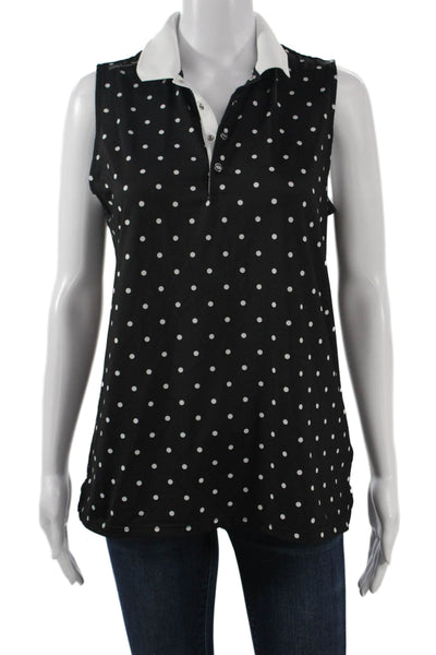 RLX Ralph Lauren Women Black Polka Dot Sleeveless Collared Polo Top Size M