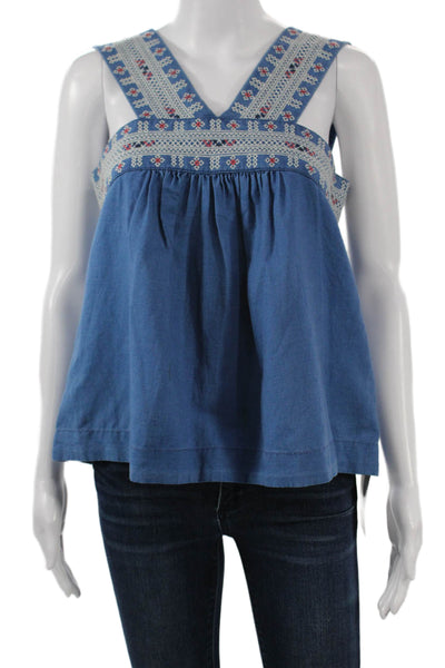 Madewell Women Blue V-Neck Geometric Linen Cotton Tank Bohemian Button Size 4