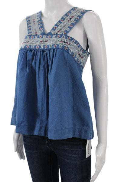 Madewell Women Blue V-Neck Geometric Linen Cotton Tank Bohemian Button Size 4