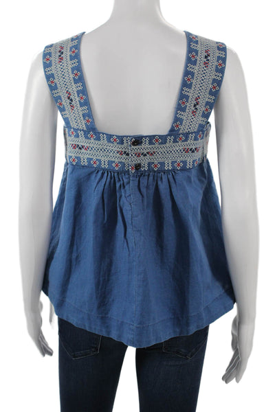 Madewell Women Blue V-Neck Geometric Linen Cotton Tank Bohemian Button Size 4