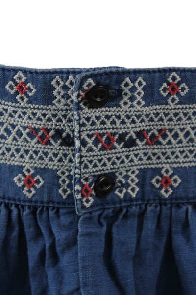 Madewell Women Blue V-Neck Geometric Linen Cotton Tank Bohemian Button Size 4