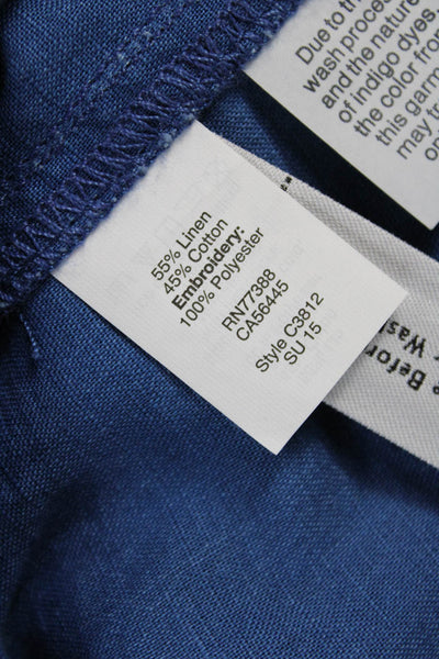 Madewell Women Blue V-Neck Geometric Linen Cotton Tank Bohemian Button Size 4