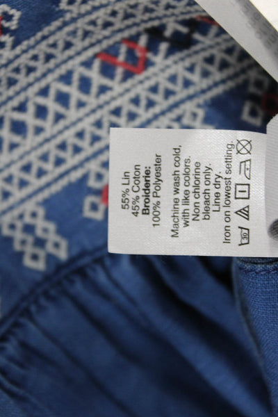 Madewell Women Blue V-Neck Geometric Linen Cotton Tank Bohemian Button Size 4