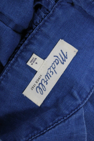 Madewell Women Blue V-Neck Geometric Linen Cotton Tank Bohemian Button Size 4