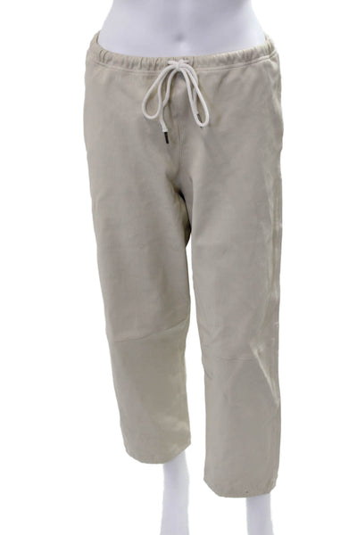 SPRWMN Womens Cropped Leather Jogger Pants Beige Drawstring Size M