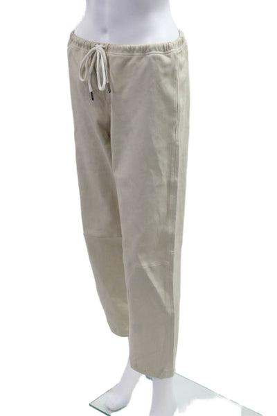SPRWMN Womens Cropped Leather Jogger Pants Beige Drawstring Size M