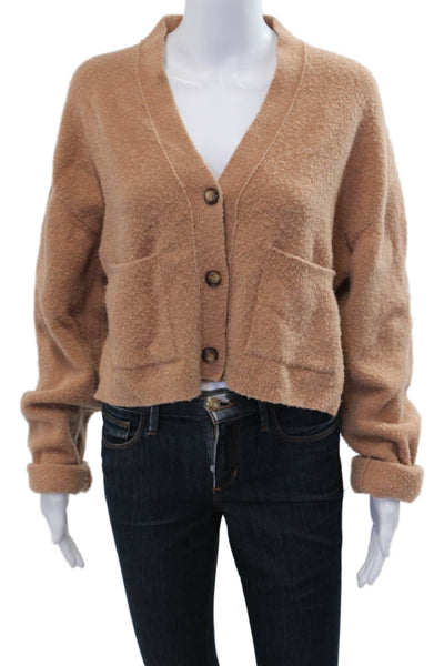 Nanushka Women Tan V Neck Button Cardigan Merino Wool Blend Long Sleeve Size S